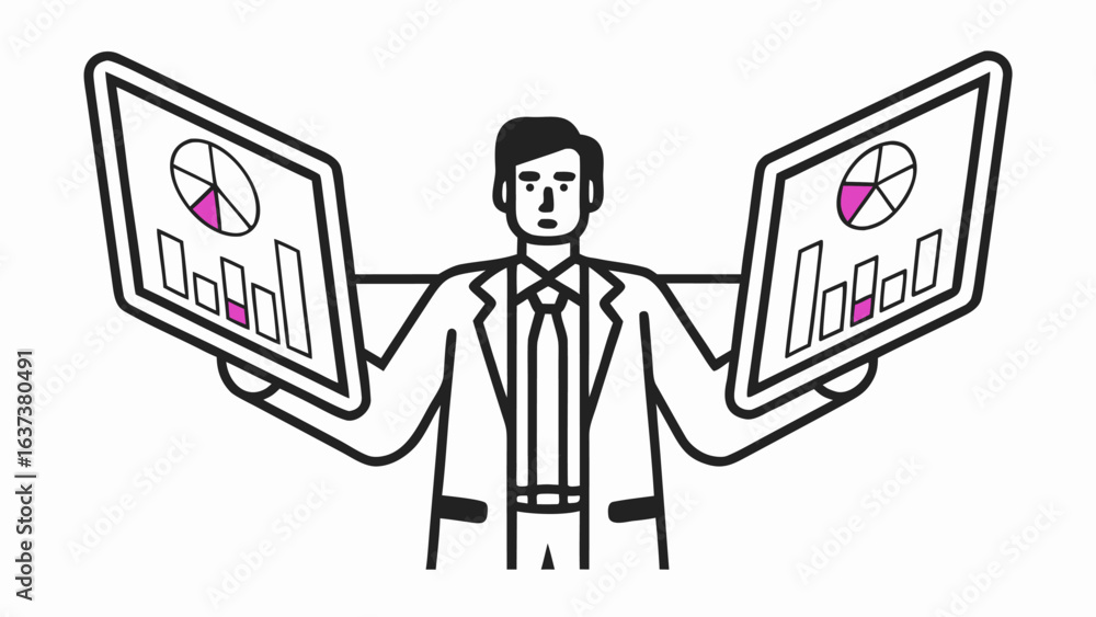 Aufkleber man presenting data on two screens with bar graphs and pie charts in a business presentation setting