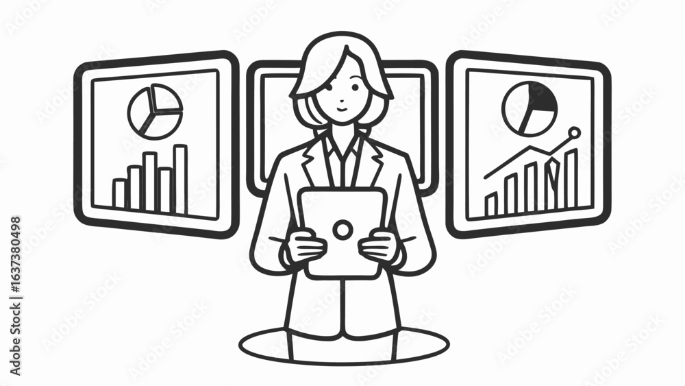 Aufkleber woman presenting data analysis on three screens with charts and graphs in a minimalist style illustr