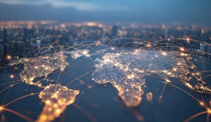 Global network map, world interconnected by glowing lines over a city skyline
