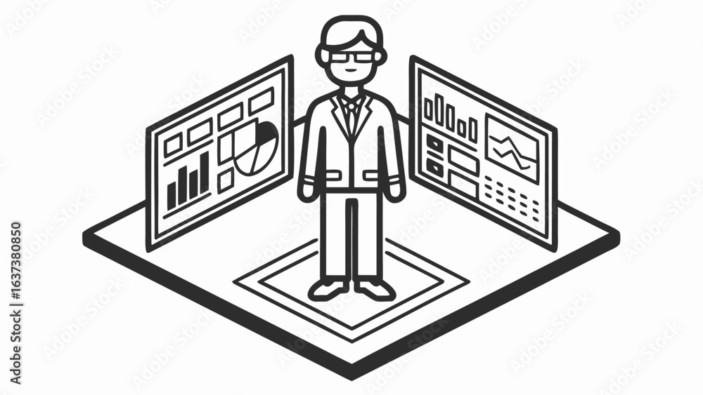 Aufkleber illustration of a person standing between two screens displaying charts and data visualizations onli