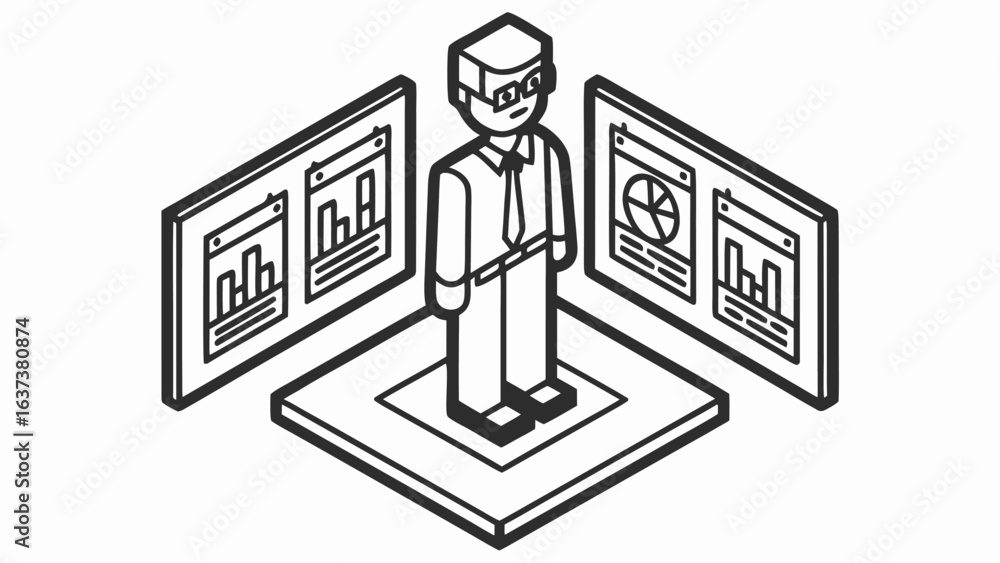 Poster isometric illustration of a businessman standing on a platform surrounded by data dashboards display