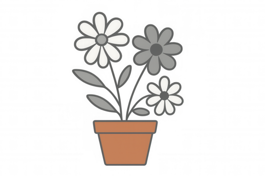 Cartoon illustration of three daisies growing in a terracotta pot, isolated on a transparent background