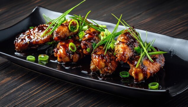 Crispy, glazed chicken wings on a dark plate