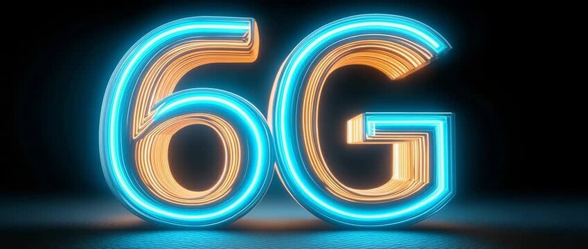 6G luminescent blue cyan neon logo on a black background with a lighting effect