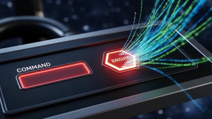 A futuristic control panel with a glowing command button, symbolizing technology, innovation, and cyber security, with a focus on digital interfaces and data transfer - Powered by Adobe