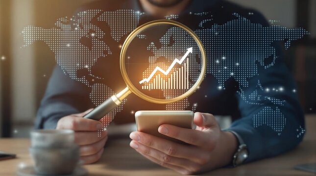 Analyzing stock market trends with smartphone and magnifying glass on world map data