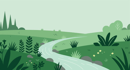 Green landscape with river, trees, rocks, and flowers in a stylized design