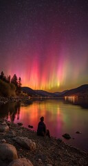 Silhouette of person by lake, aurora borealis