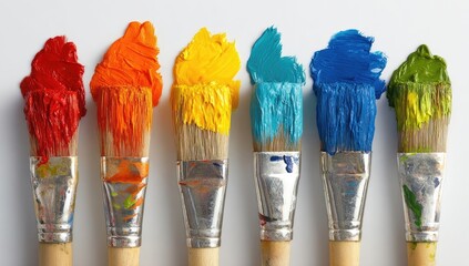 Six paintbrushes, dripping with vibrant colors, arranged in a spectrum row against a white background