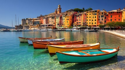 Obraz premium Colorful waterfront scene with boats moored at a harbor.