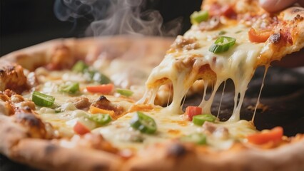 Steaming Slice of Pizza Being Lifted from a Freshly Baked Whole Pizza Topped with Cheese, Vegetables, and Meat