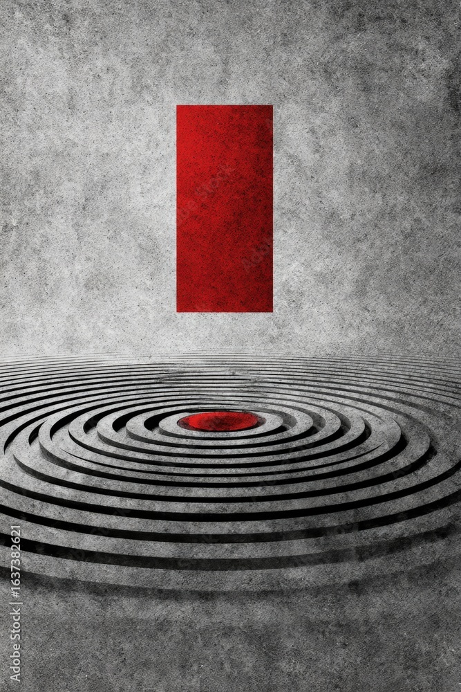 Poster floating red rectangle over ripple pattern on textured surface