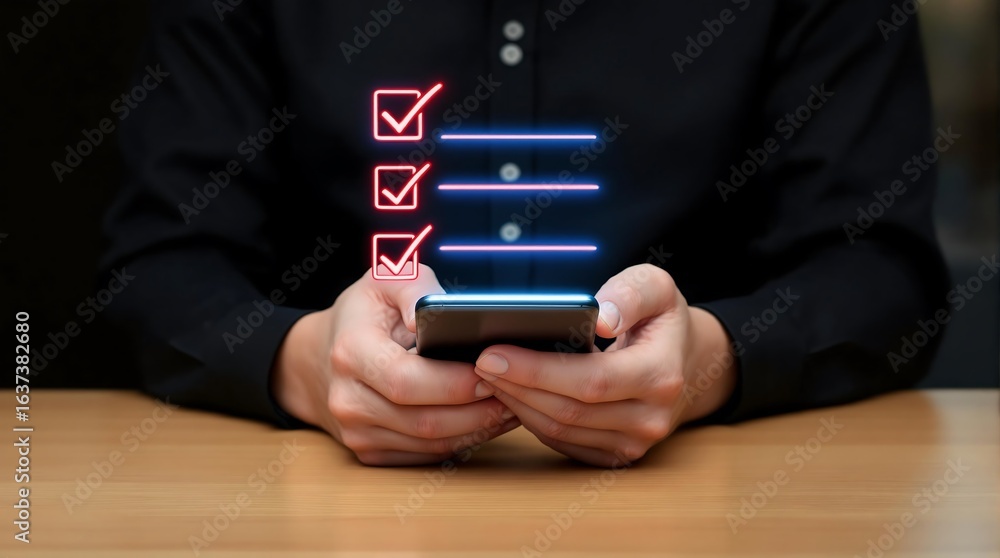 Poster mobile checklist app survey form online digital task management on smartphone device user