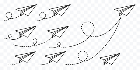 Paper airplanes flying in different directions illustrating leadership unique approach and success concept on white background creativity and innovation