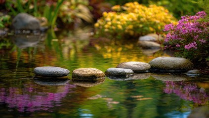 Peaceful garden pond with stepping stones