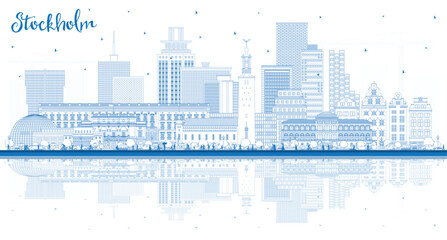 Fototapeta premium Outline Stockholm Sweden city skyline with blue buildings and reflections. Stockholm cityscape with landmarks. Business travel and tourism concept with modern and historic architecture.