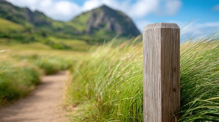 Tall grass frames a trail marker post indicating eco-tourism routes in a mountain reserve under bright natural light, inviting exploration of the area