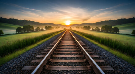 A long railway track extends into the distance, framed by a beautiful, misty landscape and green hills under a golden sunrise. A new day begins.