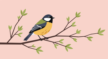 Bird Perched on Branch. Leaves sprout from a thin, brown branch. The bird is lovely