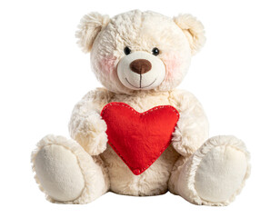 White Plush Teddy Bear with Heart Pillow, Sitting Pose, Front-Facing