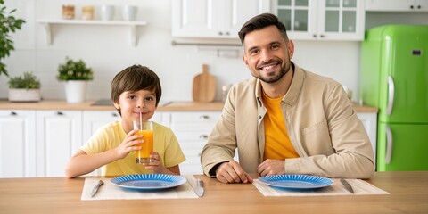 Happy father and son enjoying breakfast together at the kitchen table with orange juice