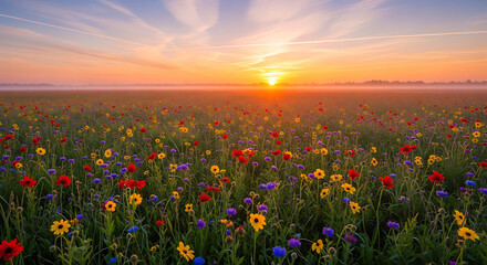 Fototapeta premium A beautiful meadow of wildflowers under a vibrant sunrise. The sun's golden light illuminates the colorful flowers and a light mist on the horizon.