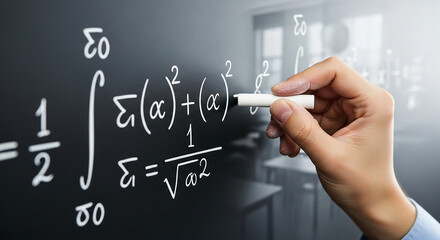 A hand writing a complex mathematical equation on a chalkboard with white chalk.