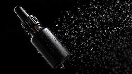 Naklejka premium Dark glass bottle, water droplets, black background, product photography, cosmetic packaging