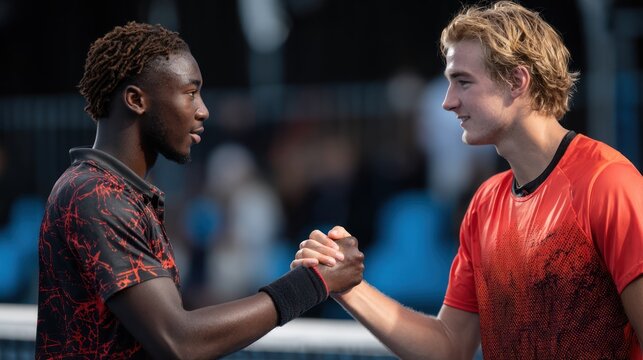 Two Male Tennis Players Engaging in a Friendly Handshake After an Intense Match, Showcasing Sportsmanship and Respect on the Court