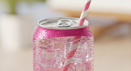 Refreshingly cold pink beverage in a condensation-covered can with a striped straw