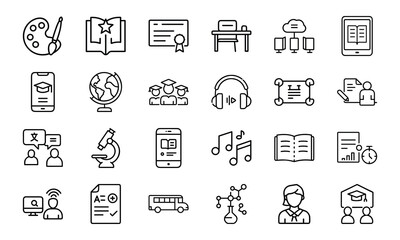 24 Education and School Line Icons Classroom, Online Learning, Graduation, Science, Music, Language, and Study Tools Vector Icon Set for Teachers, Students, and Educational Projects