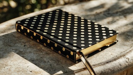 Black and gold polka dot notebook on stone