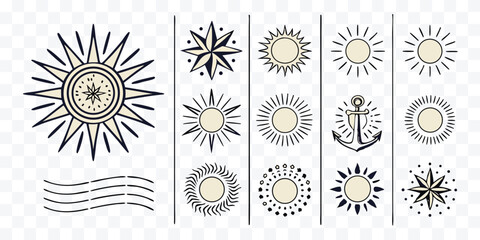 Set of nautical themed icons and symbols representing sun compass stars and anchor in a modern minimalist style © design png