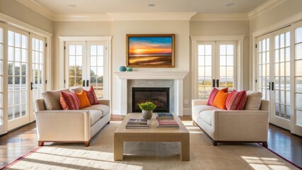 Fototapeta premium Bright and airy living room with fireplace and comfortable seating