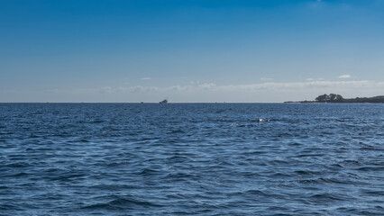 The endless blue ocean. Ripples on the surface. The dorsal fin of a dolphin is visible above the...