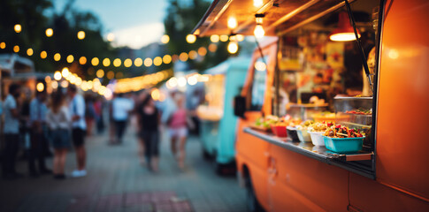 Fototapeta premium Vibrant food truck alley illuminated by string lights at dusk