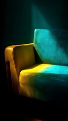 Teal and mustard armchair in the light