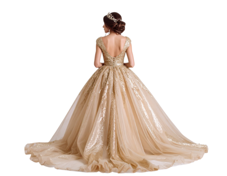 Back View of Couture Bridal Dress with Flowing Gold Tulle and Glitter Petal Layers