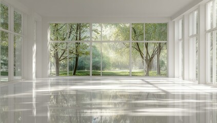 Fototapeta premium Empty white room with large windows, park view. Sunlight streams in
