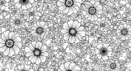 Intricate monochrome floral pattern featuring various blossoms and leaves, densely arranged in a repeating design.