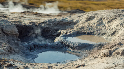 Close up view of a geothermal area with mud pools and steam rising from the ground on a sunny day