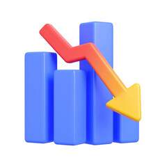 3D blue chart with a red arrow showing a declining trend on a black background, used for business reports