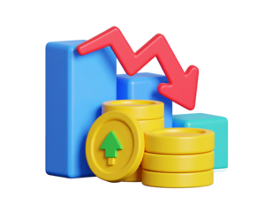 3D financial decline with falling arrow and charts, rising coin, black background, used for economics