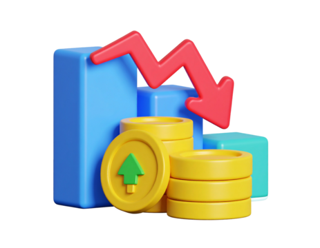 3D financial decline with falling arrow and charts, rising coin, black background, used for economics