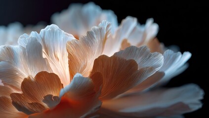 Close-up of luminous flower petals in soft peach and light blue tones