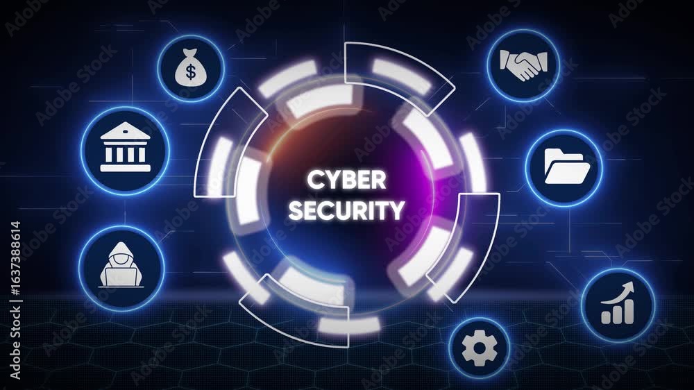 Poster abstract cybersecurity presentation featuring digital icons and technological interface