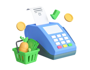 Rendered image of a point-of-sale machine, basket, receipts, and coins