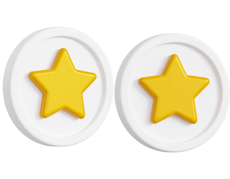 Two golden stars inside white circles, 3D rendering against a dark background