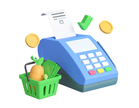 Rendered image of a point-of-sale machine, basket, receipts, and coins