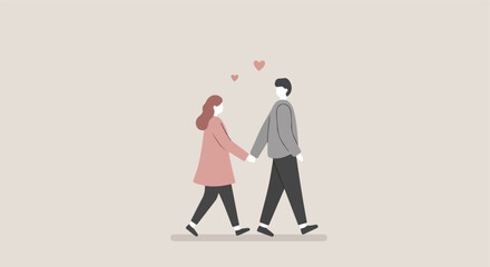 Couple holding hands, walking together with hearts on top, minimal illustration